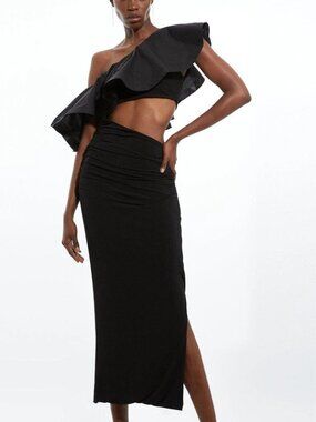 Karen Millen Ruffle Ponte And Cotton Mix Jersey Cut Out Maxi Dress Size L